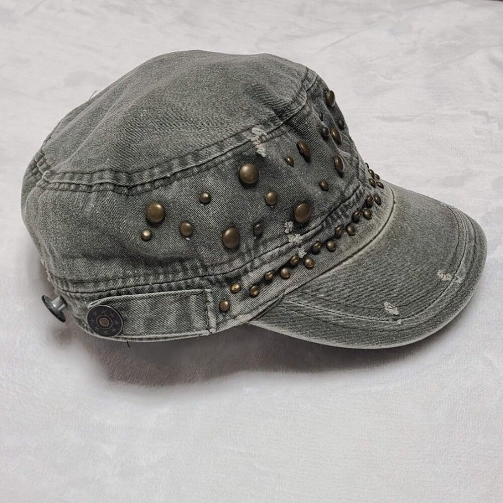 Distressed Studded Military Style Cap Women's One Size Green Hat - Picture 6 of 11